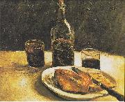 Still life with bottle, two glasses, cheese and bread, Vincent Van Gogh